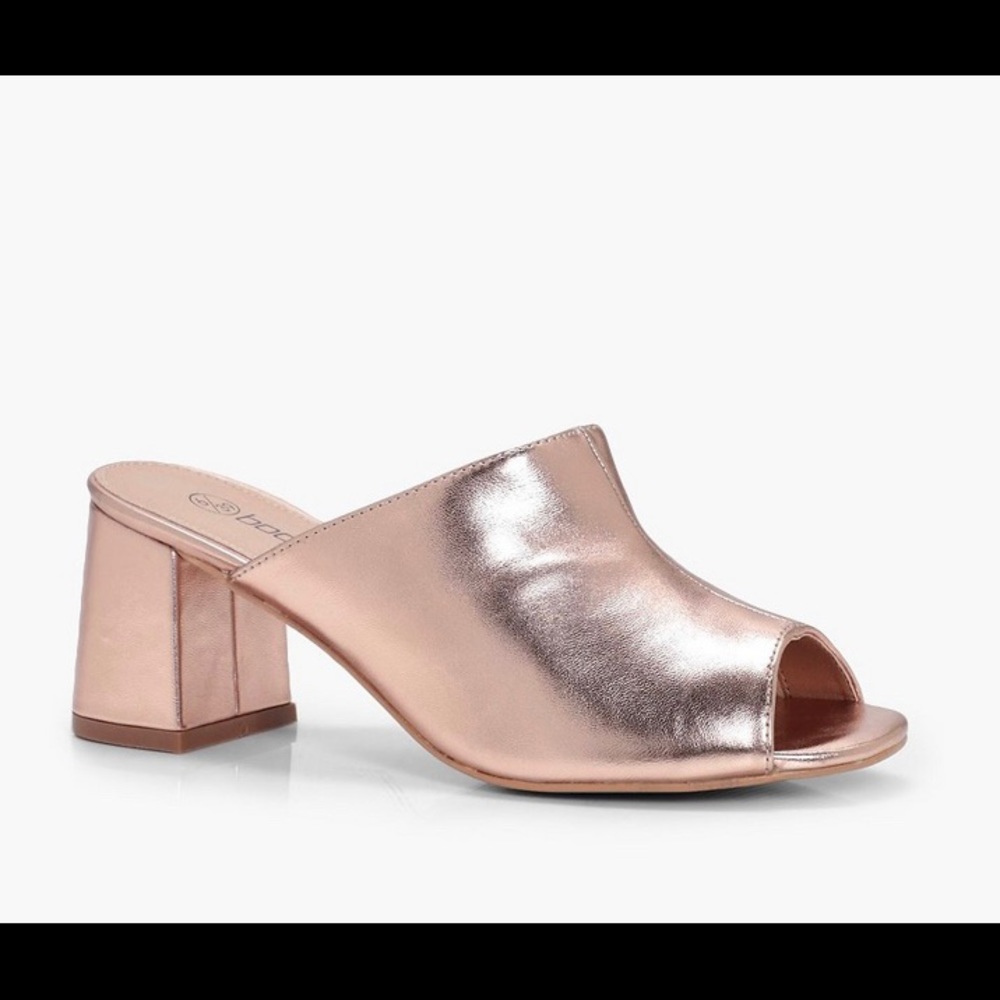 BOOHOO Rose Gold Metallic Peeptoe Mules